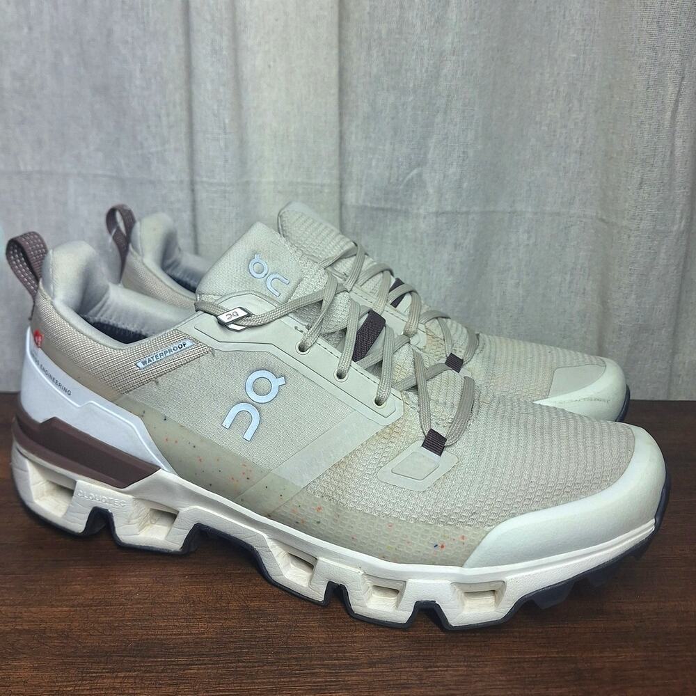 On running on cloudwander waterproof hiking sneaker sand/ivory w/11 athletic